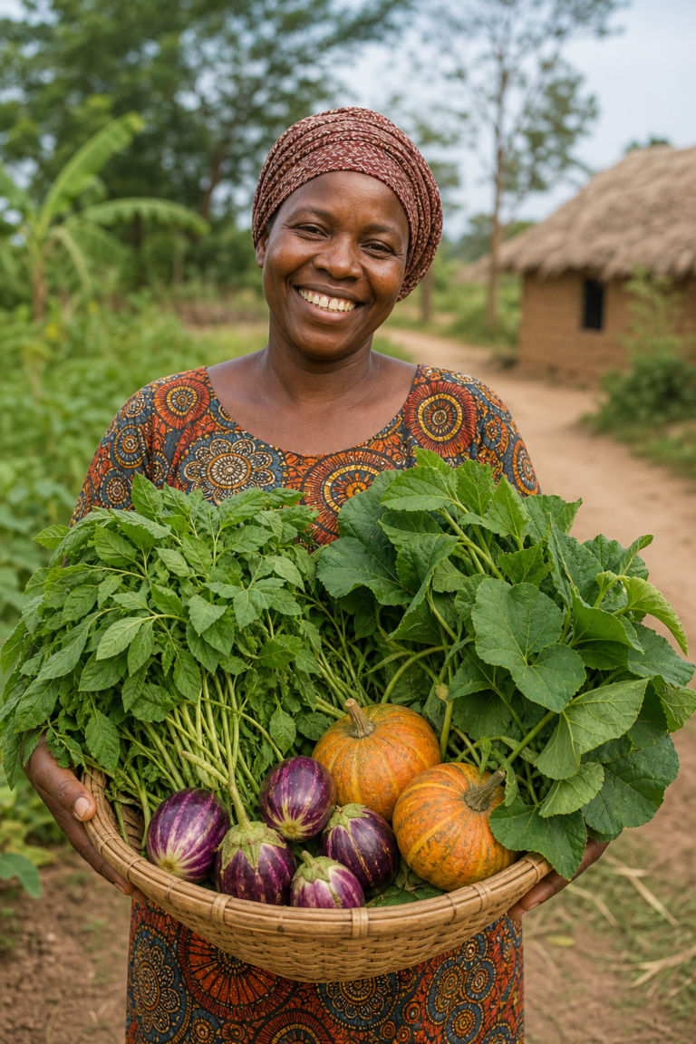 NUS for Healthier Diets - farmer with fresh nutritious NUS greens in Tanzania
